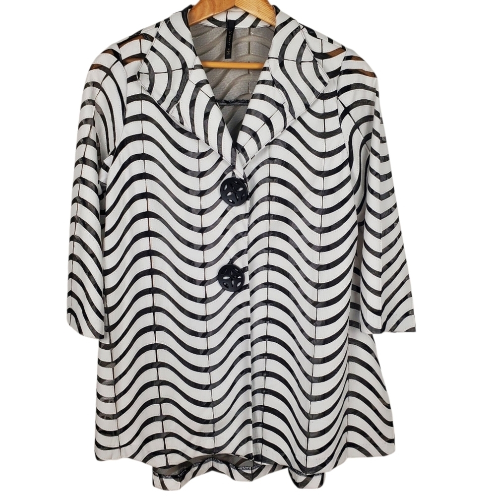 IC By Connie K Women's Black & White Semi-Sheer/Faux Leather Zig Zag Jacket. SM